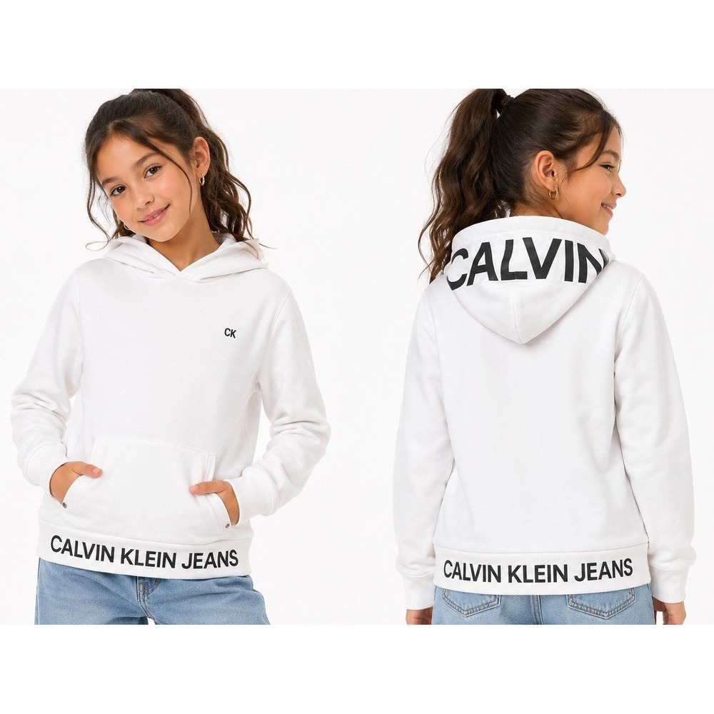 Calvin Klein Jeans White Logo Hoodie Kids L 14/16 Pullover Hooded Athleisure